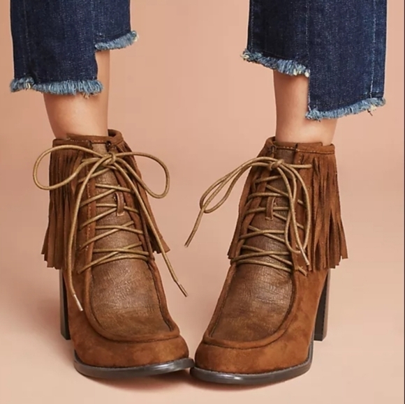Anthropologie Vanessa Wu Brown Suede Fringed Lace Up Moccasin Booties Size 37 - Picture 5 of 11